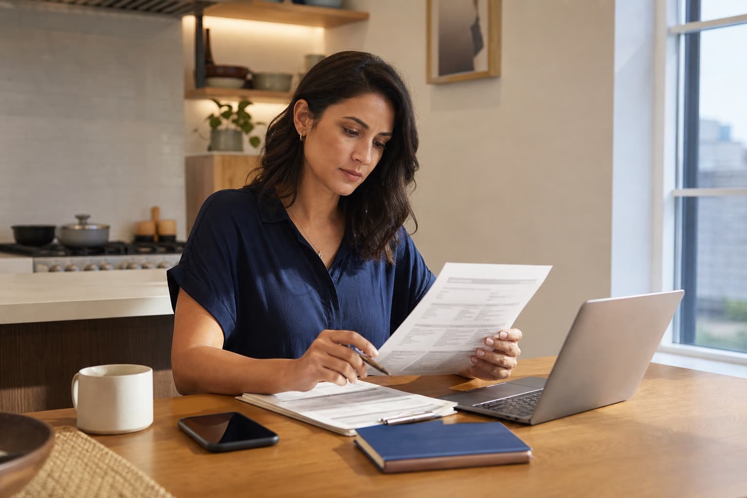 Woman reviewing an insurance renewal document beside her laptop and phone