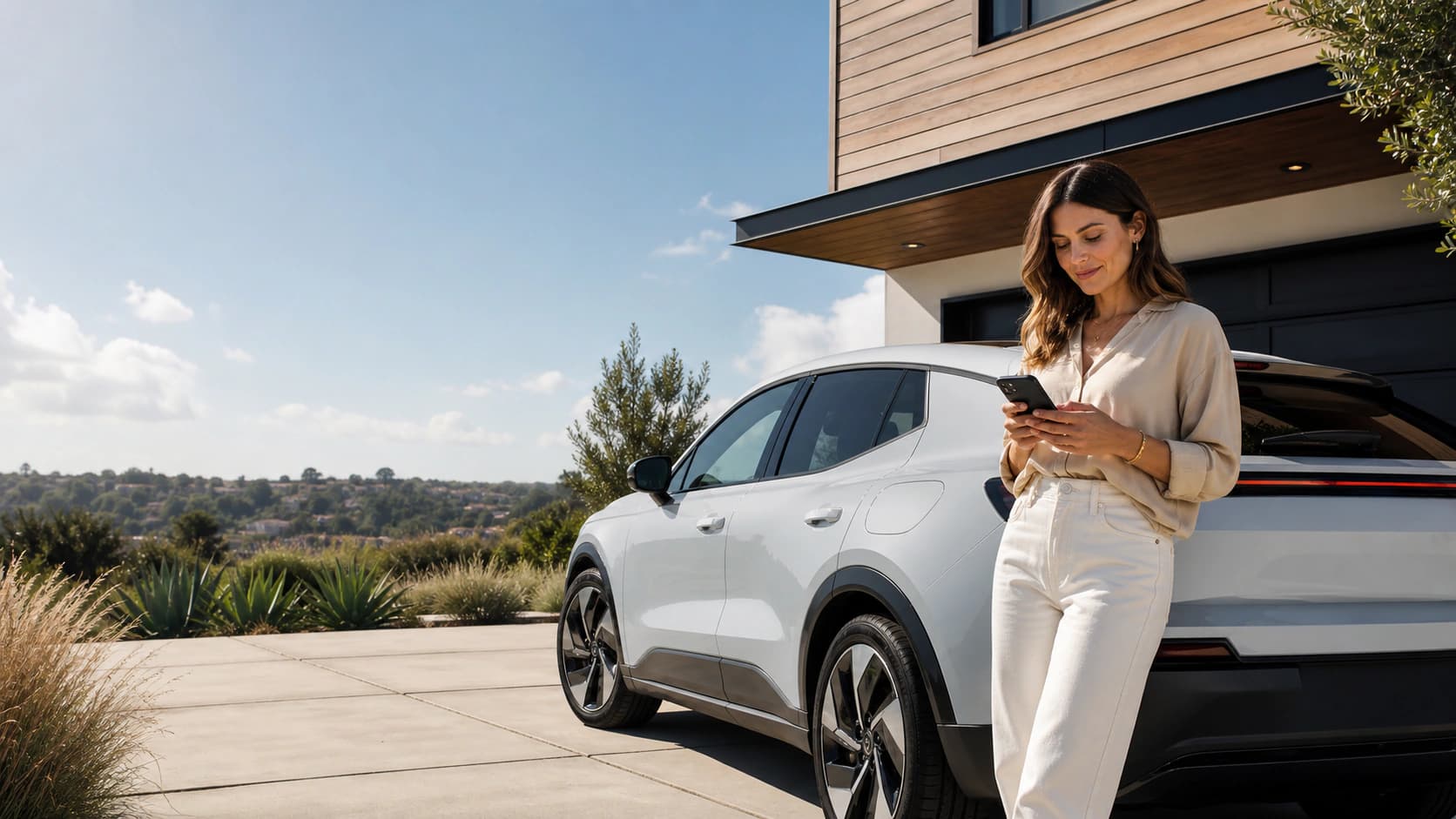 A driver checking her phone beside her car at home