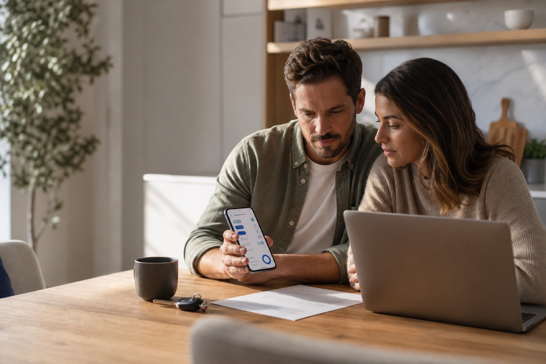 Couple reviewing car insurance information together at home