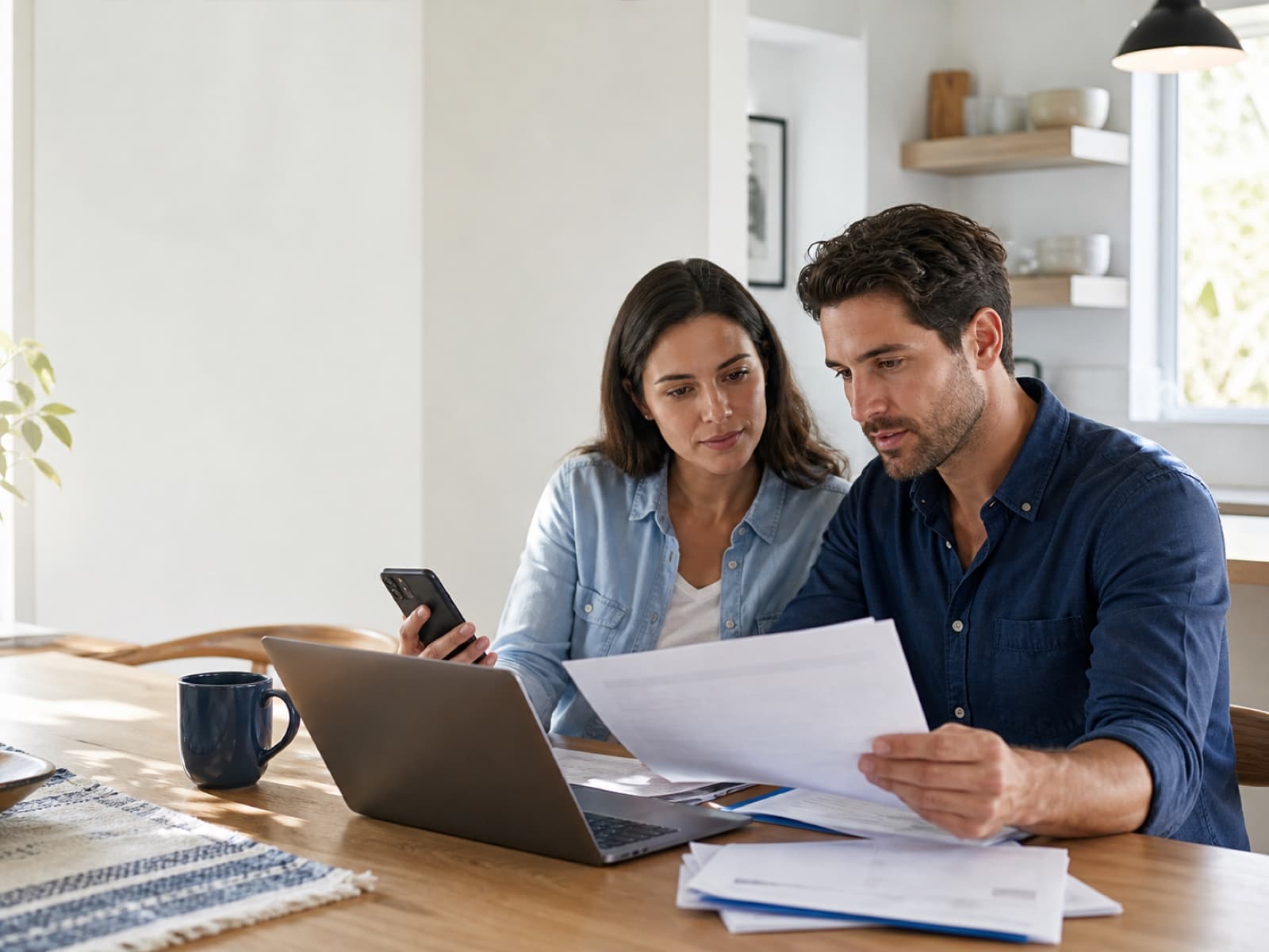 A couple comparing an insurance renewal with policy documents