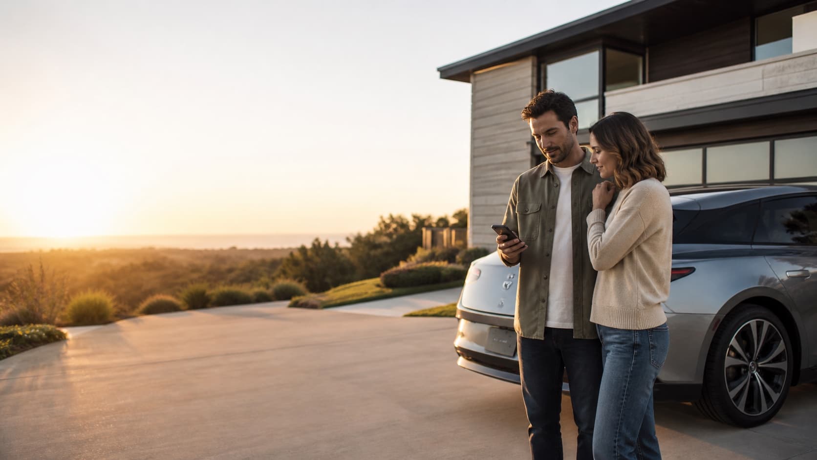 A couple reviewing car insurance on a phone beside their car at sunset